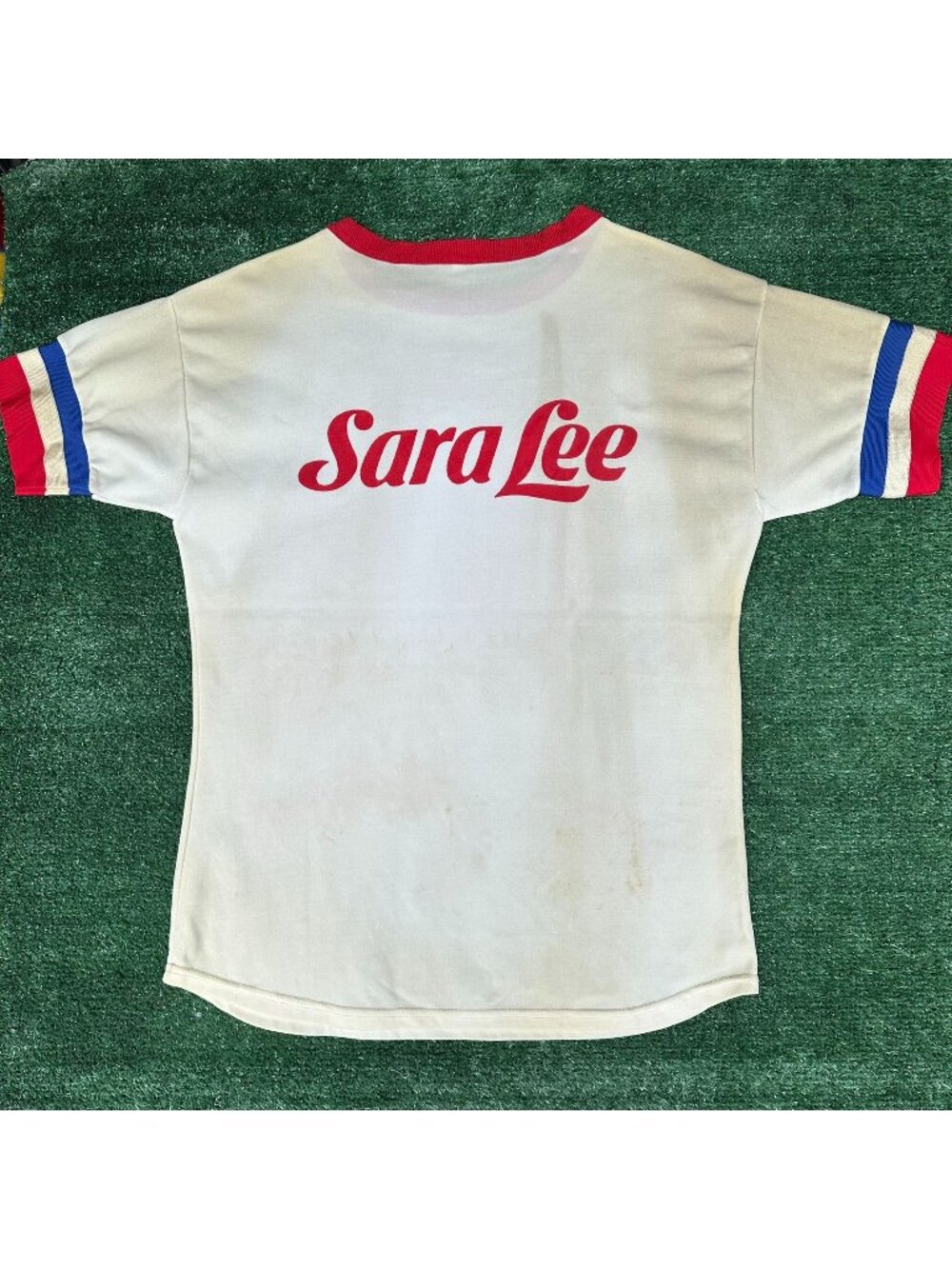 Vintage 70s Sara Lee Bakery Logo Softball Jersey Off White L Nylon Distressed
